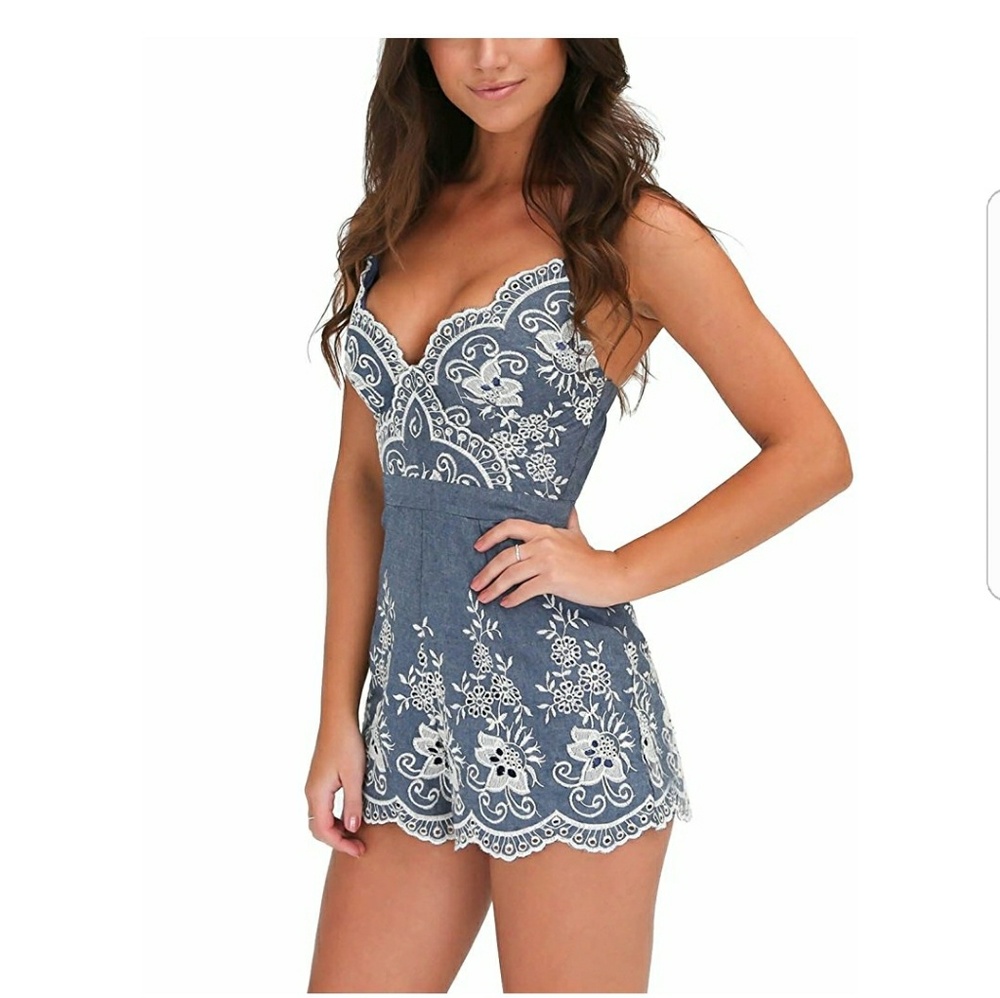 Denim & Lace Floral Romper - Picture 1 of 7